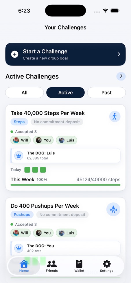 LockedHQ challenge home dashboard on mobile