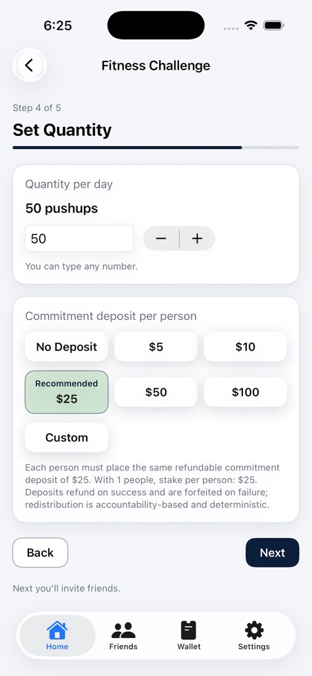 Commitment deposit setup screen with stake options