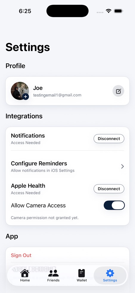 Settings screen with notifications and Apple Health integration controls
