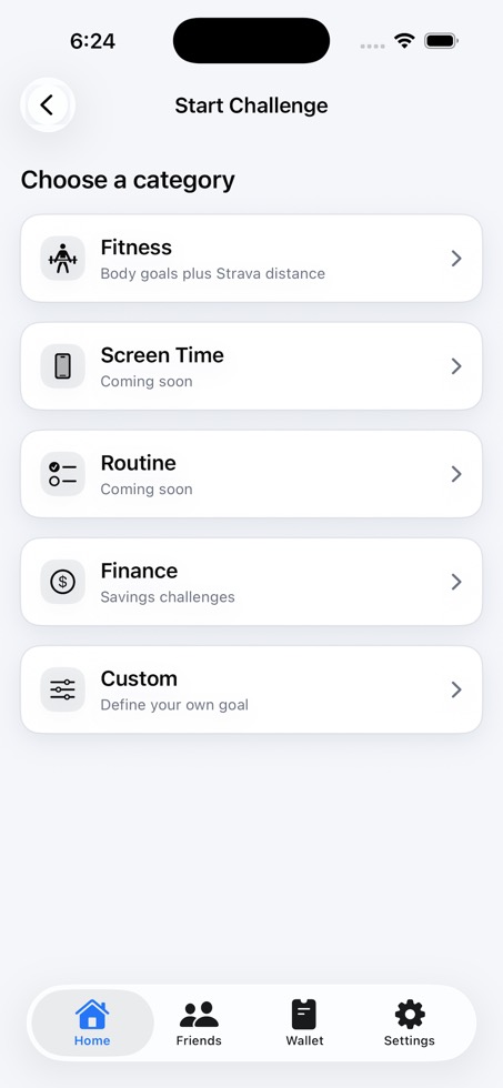 Start challenge screen with active challenges list