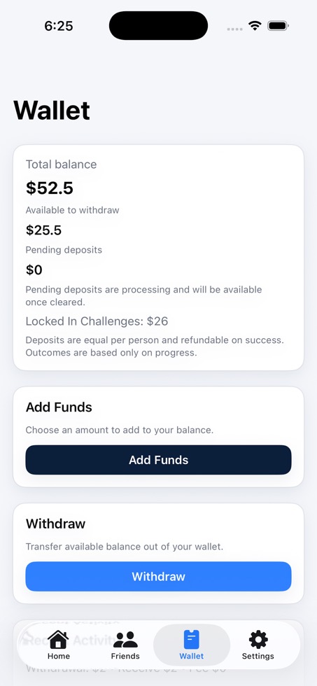 Wallet screen showing balance and withdraw actions