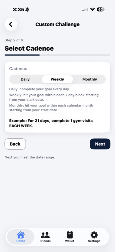 Choose custom challenge cadence options such as daily weekly or monthly